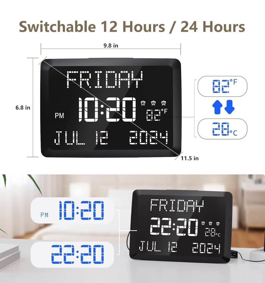11.5" Large Digital Wall Clock - Alarm, Date, Temp - photo 5
