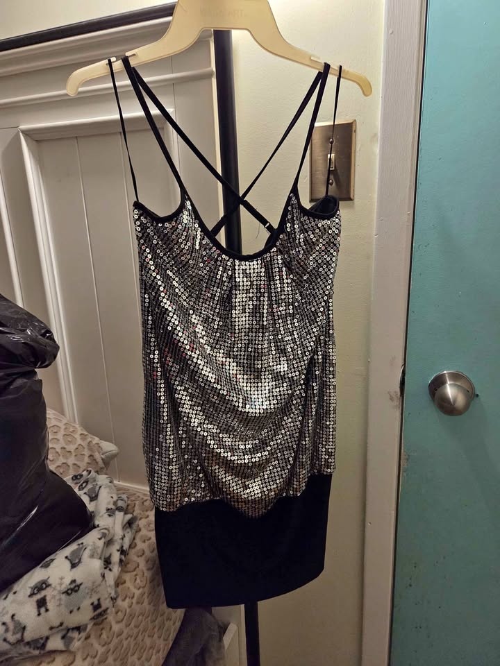 Sparkly Sequin Top / Mini Dress Black & Silver Criss-Cross Strap
