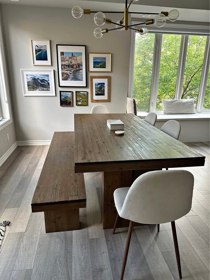 Dining table with matching bench and 4 chairs