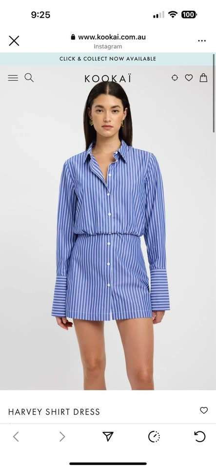 Kookai Blue Striped Shirt Dress - Size 2 US / 6 AU