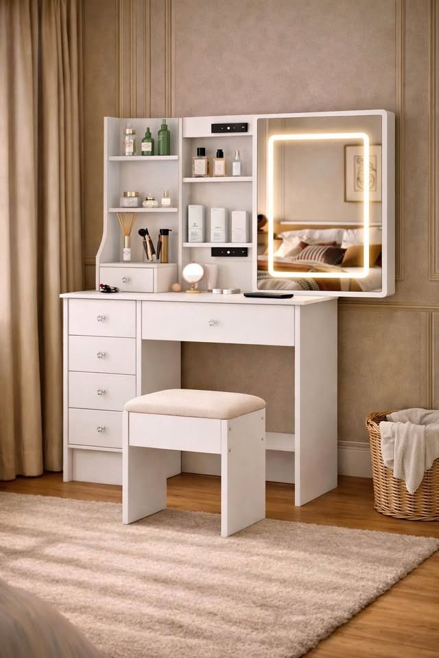 Modern Lighted Makeup Vanity with Sliding Mirror + Stool