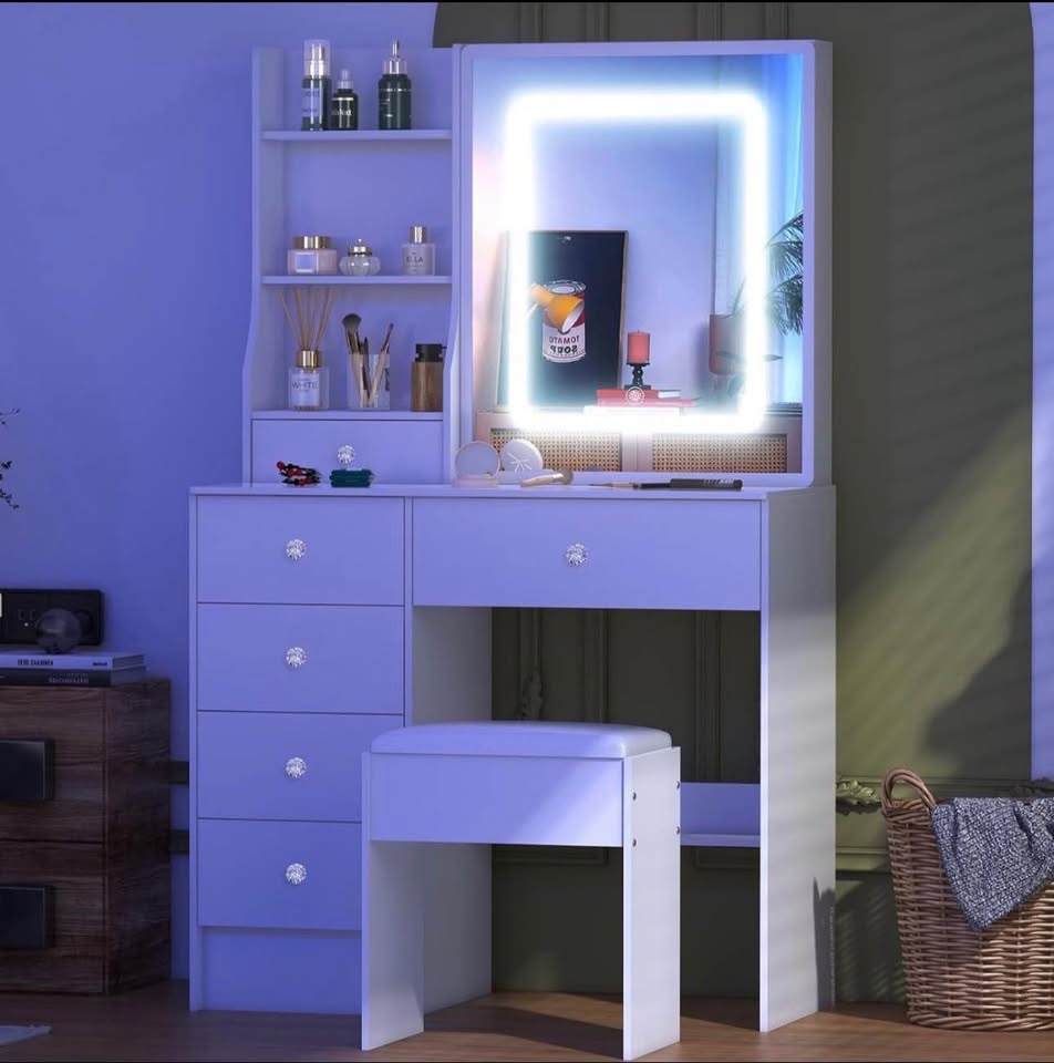 Modern Lighted Makeup Vanity with Sliding Mirror + Stool - photo 2