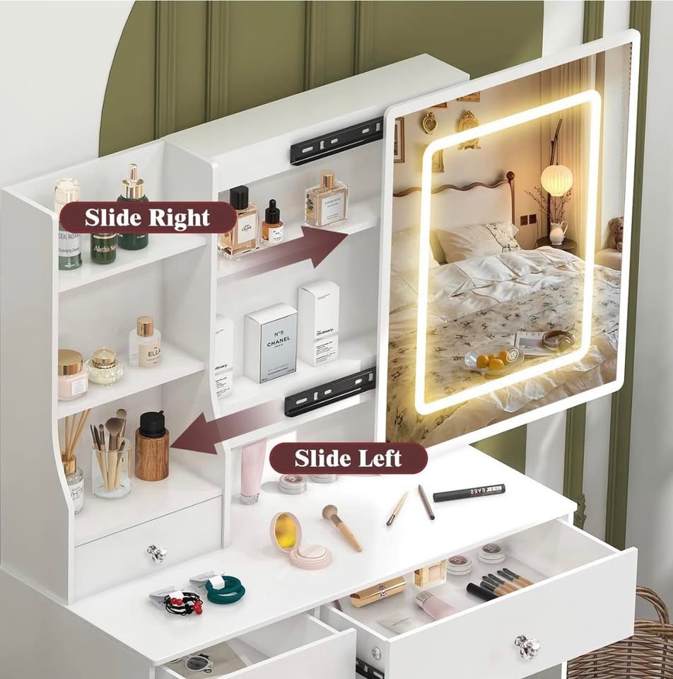 Modern Lighted Makeup Vanity with Sliding Mirror + Stool - photo 5