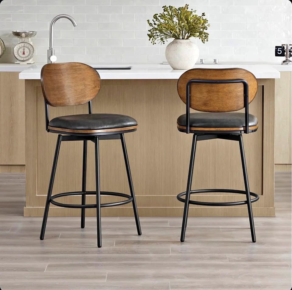 Modern Swivel Stools - Kiln Wood/Faux Leather - 2pk - Brand New