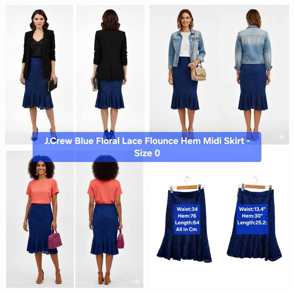 J.Crew Blue Floral Lace Flounce Hem Midi Skirt Size 0-2 🏆