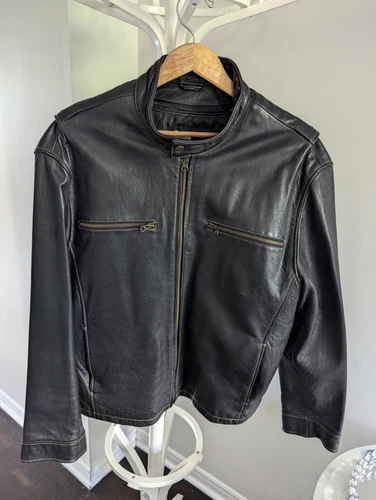 Vintage Ocean West Black Leather Jacket Size 42 Mens Motorcycle