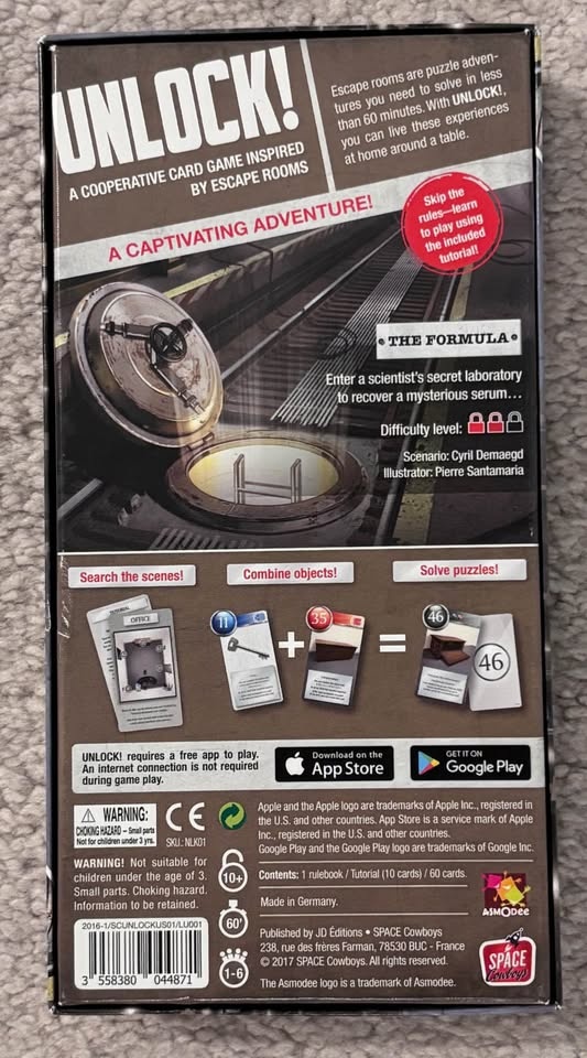 NEAR NEW - UNLOCK! ESCAPE ADVENTURES - THE FORMULA GAME - $7.50 - photo 2