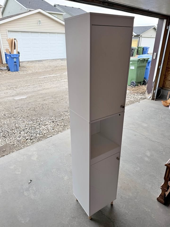 White Tall Storage Cabinet w Chevron Doors