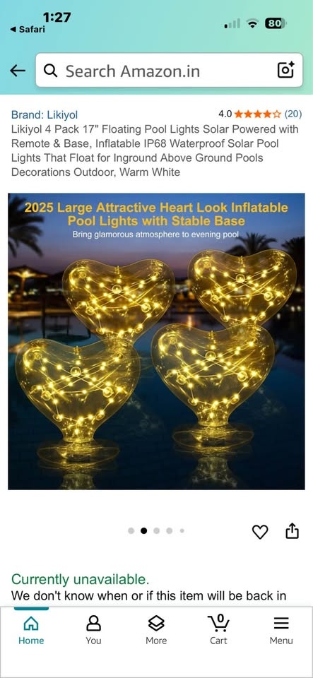 Likiyol 4 Pack 17" Heart Solar Pool Lights w/ Remote - photo 2