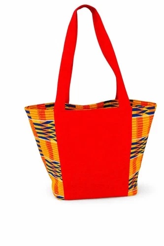 Red Canvas Tote with African Ankara Side Panels and Zipper - photo 3