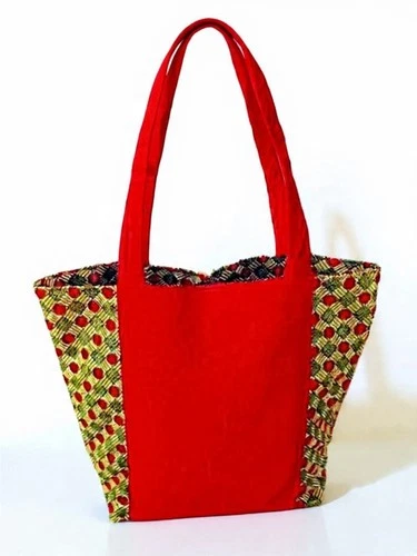 Red Canvas Tote with African Ankara Side Panels and Zipper - photo 4