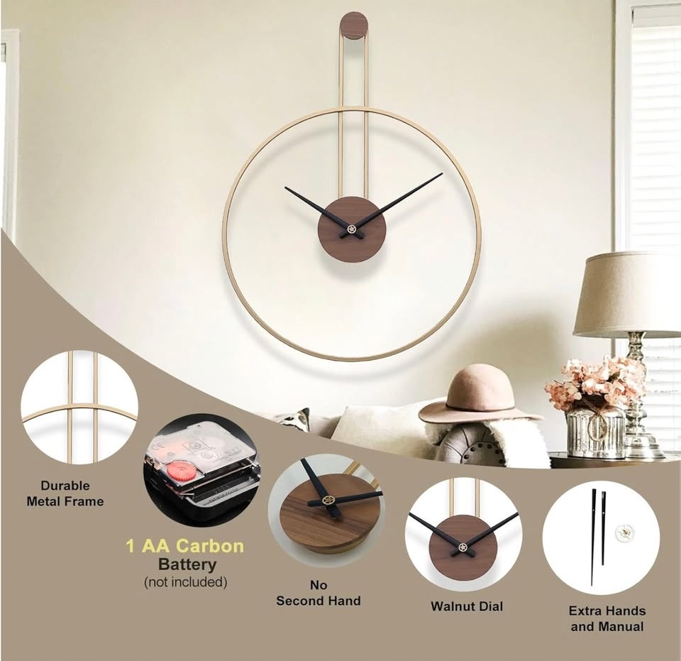 Modern Gold Wall Clock with Wood Dial Silent Large Decor - photo 3