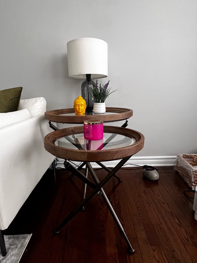 Set of 2 Nesting Round Side Tables - Glass & Wood
