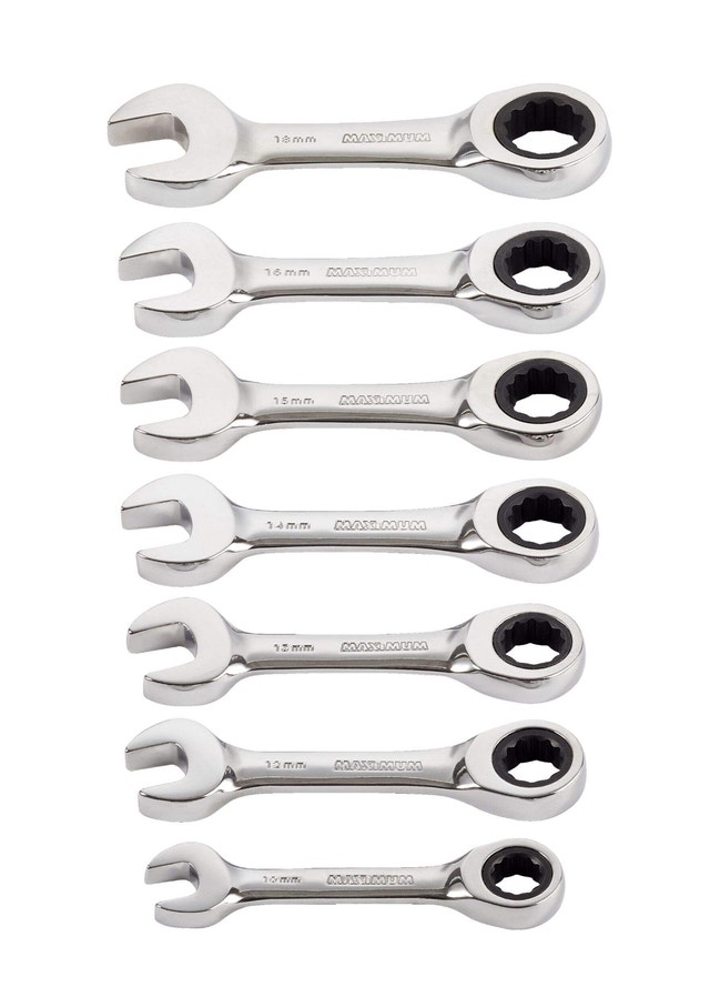 MAXIMUM Stubby Ratcheting Wrench Set, Metric, Nickel-Chrome Plat