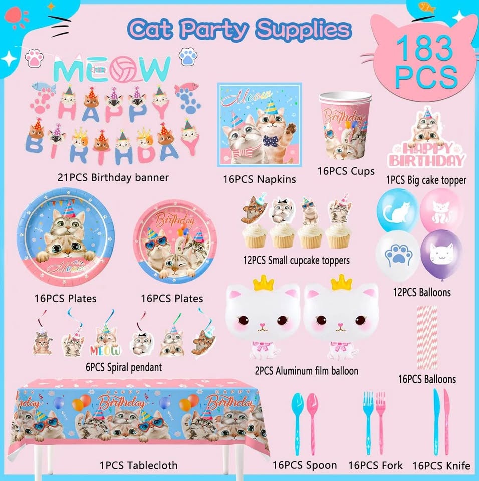 Cat Birthday Party Supplies - 178pcs Cat Party Decorations - photo 3