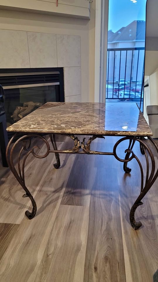 Hand-Forged Wrought Iron Coffee Table with Marble Top