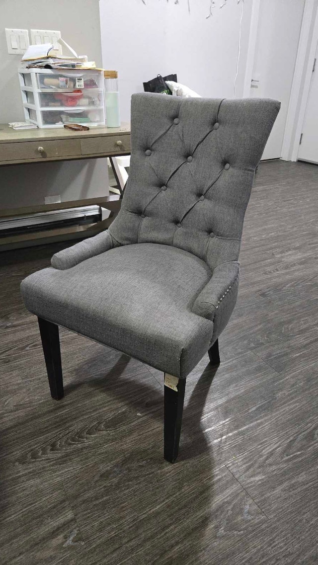 Stylish Grey Accent Chair with Button-Tufted & Studded Trim