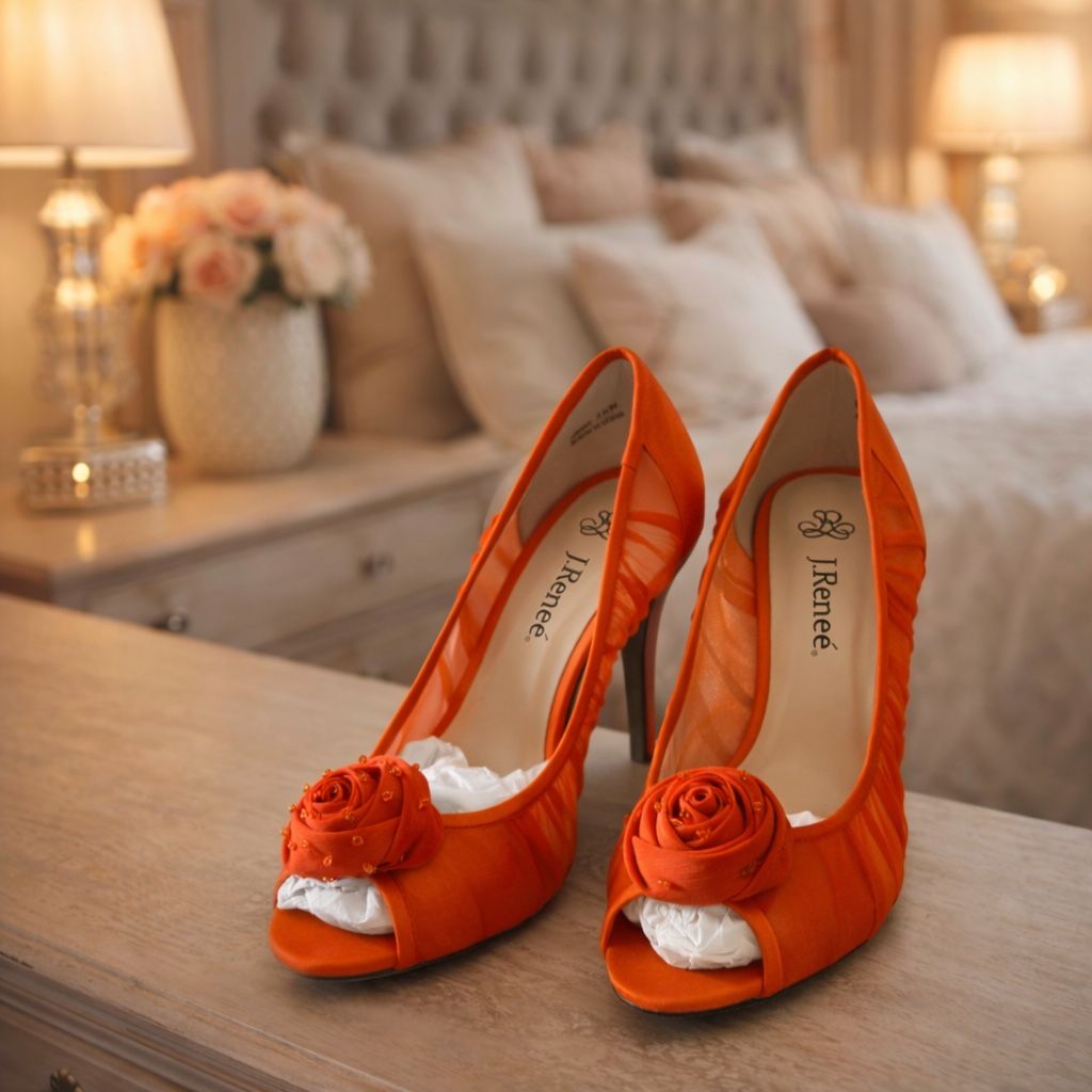 Renée Orange Peep-Toe Heels with Rosette Bow – Size 7.5 Wide