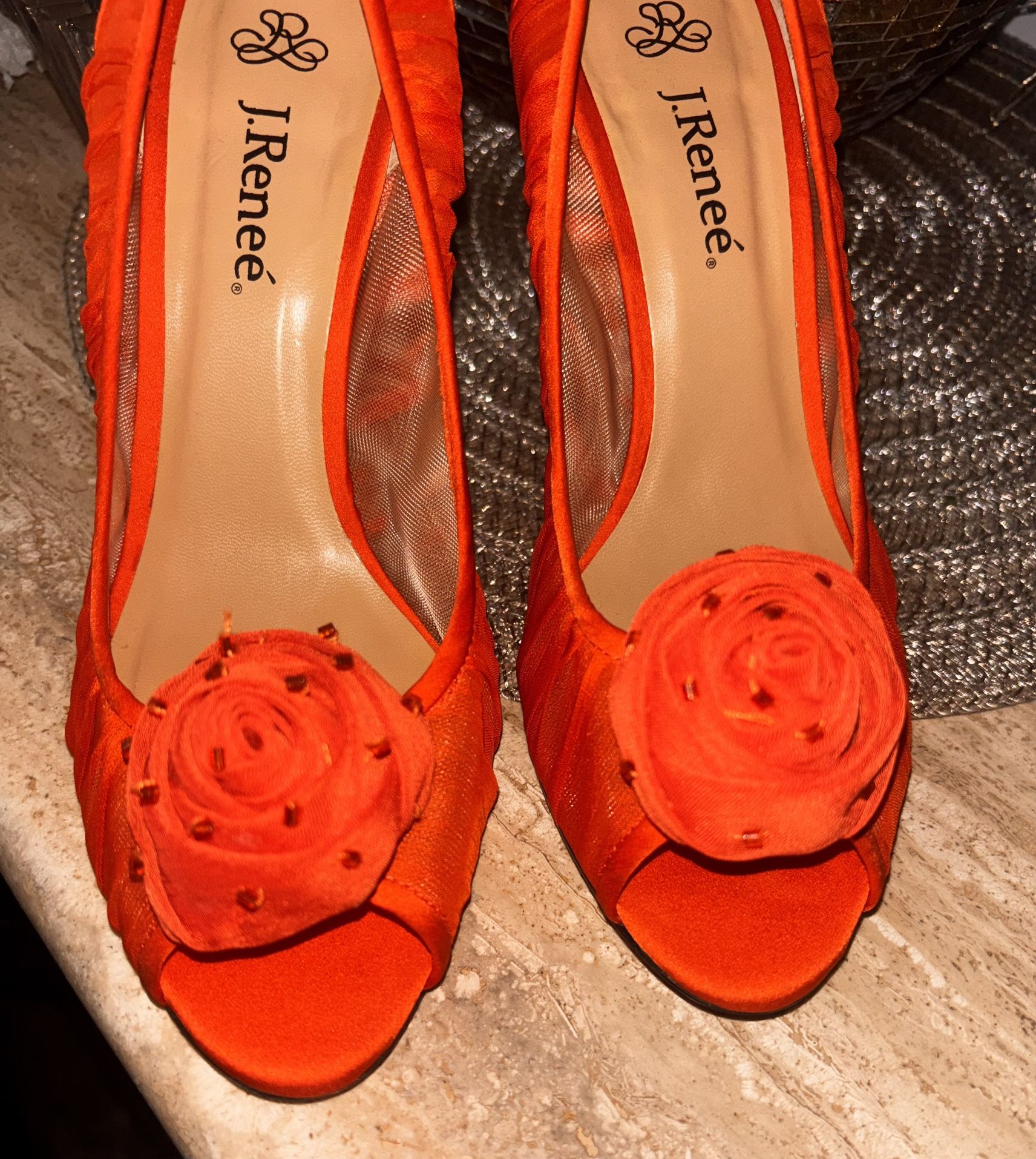 Renée Orange Peep-Toe Heels with Rosette Bow – Size 7.5 Wide - photo 2