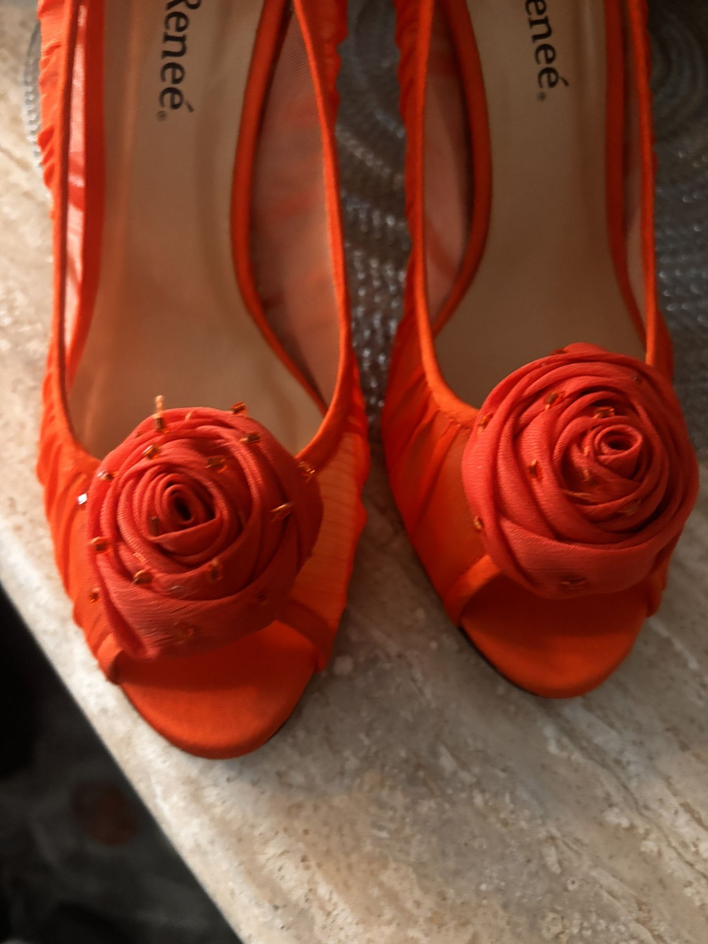 Renée Orange Peep-Toe Heels with Rosette Bow – Size 7.5 Wide - photo 3