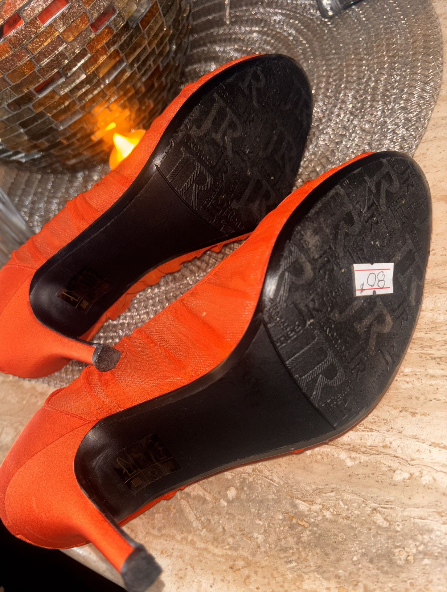 Renée Orange Peep-Toe Heels with Rosette Bow – Size 7.5 Wide - photo 4