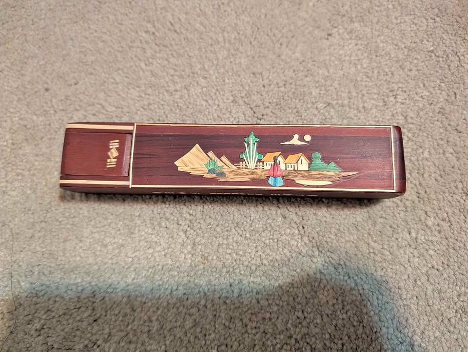 Handmade Wood Inlay Pencil Box Ecuador Folk Art