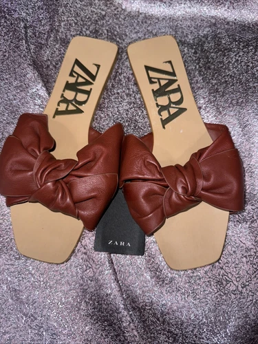 Zara Slide Sandals Rust Leather Bow Flat Square Toe Size 35