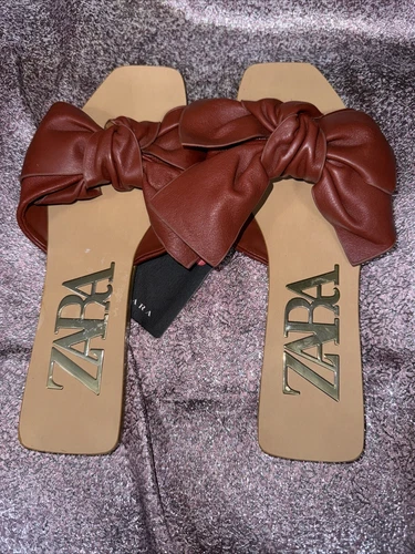 Zara Slide Sandals Rust Leather Bow Flat Square Toe Size 35 - photo 2