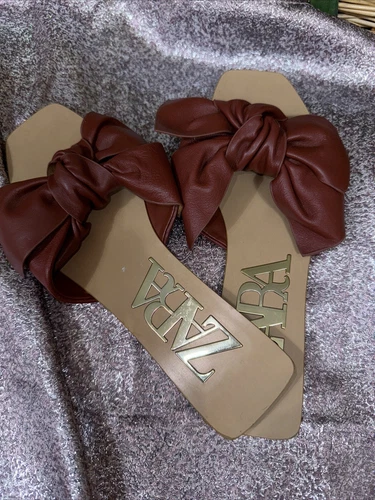 Zara Slide Sandals Rust Leather Bow Flat Square Toe Size 35 - photo 3