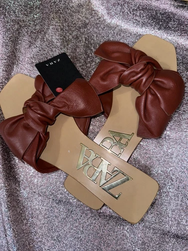 Zara Slide Sandals Rust Leather Bow Flat Square Toe Size 35 - photo 4