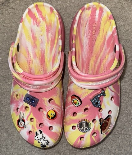 CROCS Pink and Yellow Sandals with Vibrant Tie-Dye Pattern Size