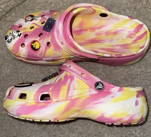 CROCS Pink and Yellow Sandals with Vibrant Tie-Dye Pattern Size - photo 4