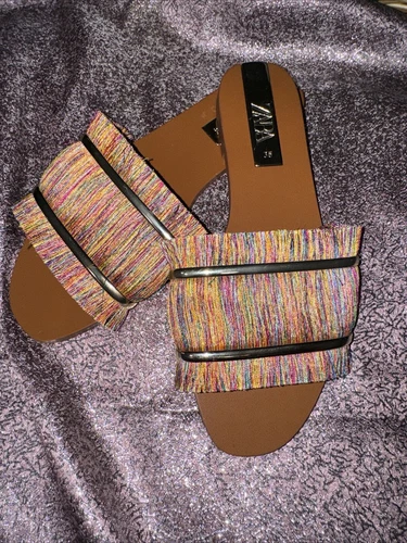 Zara Slide Sandals Rust Flat Square Toe Size 35 EURO