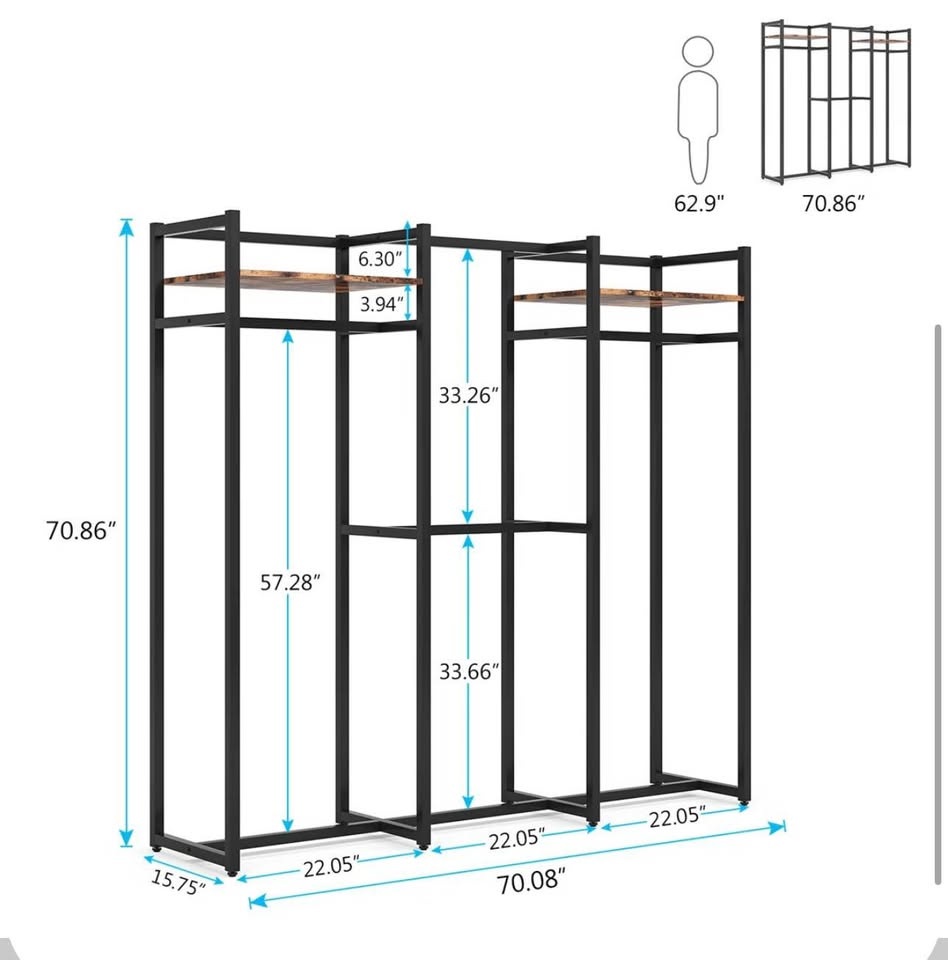 70" Heavy Duty Metal Clothing Rack with Shelves | 500lb Capacity - photo 2