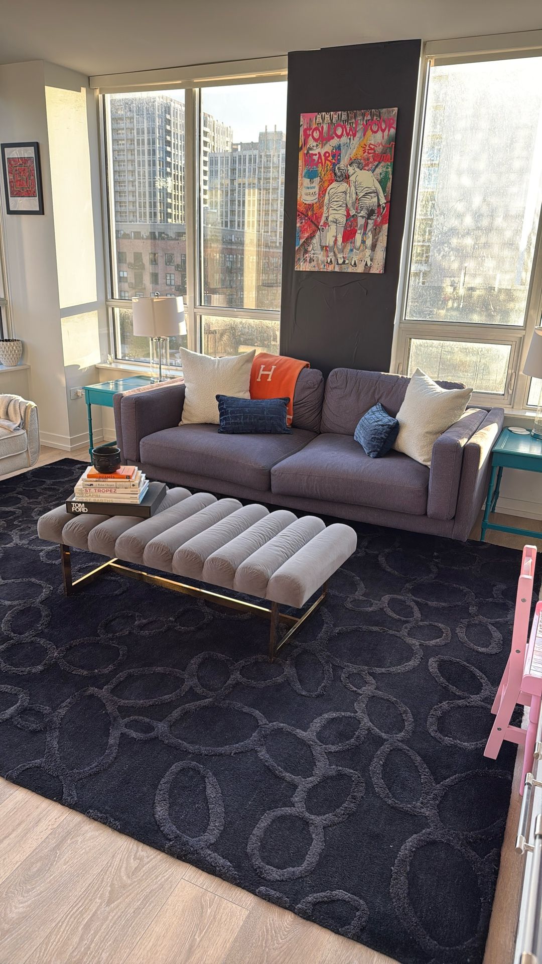 Gray Couch, Tables, Ottoman and Rug