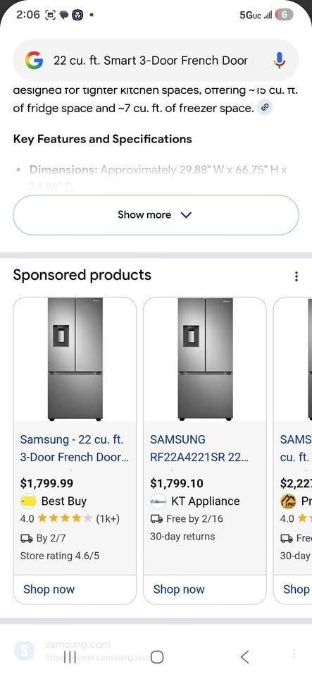 22 cu. ft. Smart 3-Door French Door Refrigerator 🏆