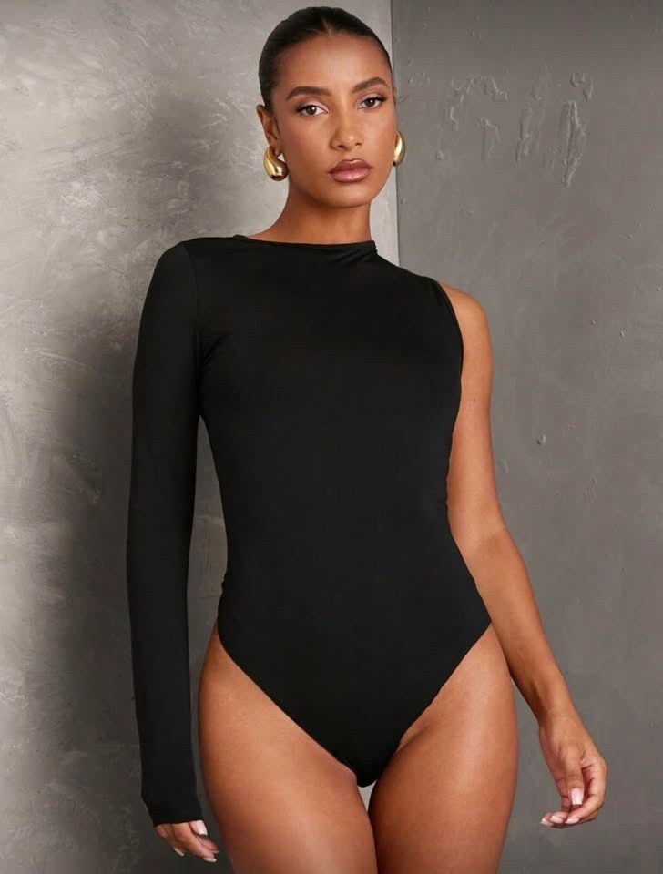 Women's Black One Shoulder Backless Long Sleeve Bodysuit - Size - photo 2