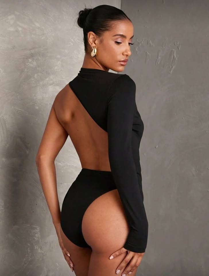 Women's Black One Shoulder Backless Long Sleeve Bodysuit - Size - photo 3