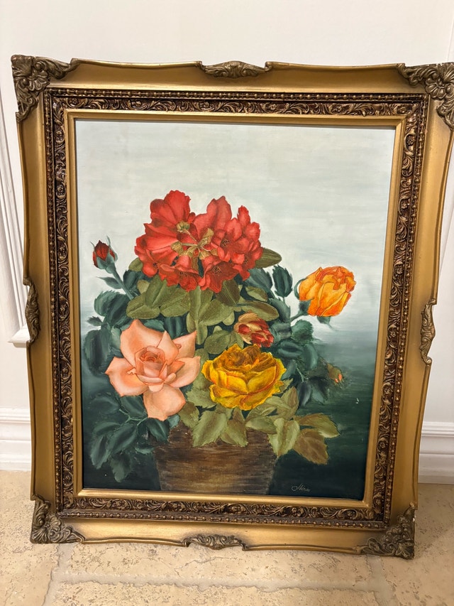 Hand Painted Floral Artwork with Ornate Gold Frame - 24"x20"