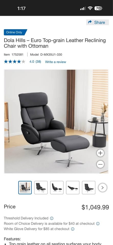 Dola Hills Euro Top-grain Leather Reclining Chair with Ottoman - photo 2