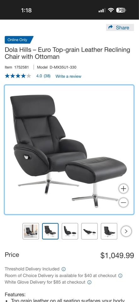 Dola Hills Euro Top-grain Leather Reclining Chair with Ottoman - photo 3