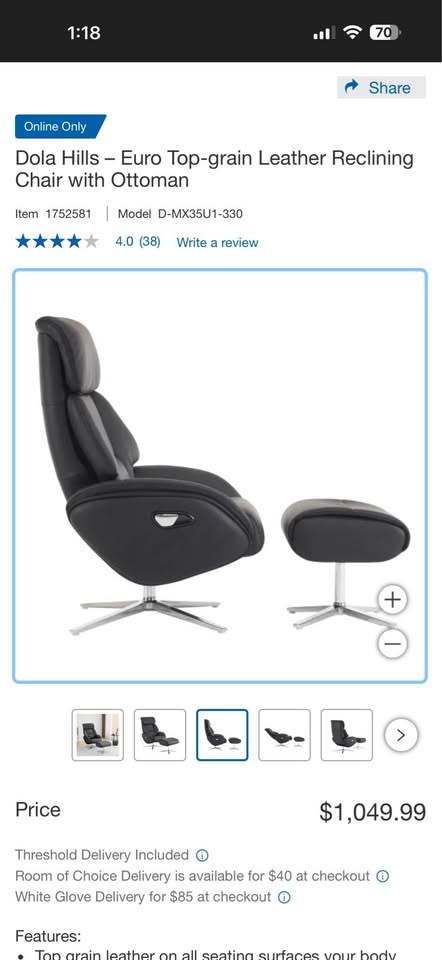 Dola Hills Euro Top-grain Leather Reclining Chair with Ottoman - photo 4