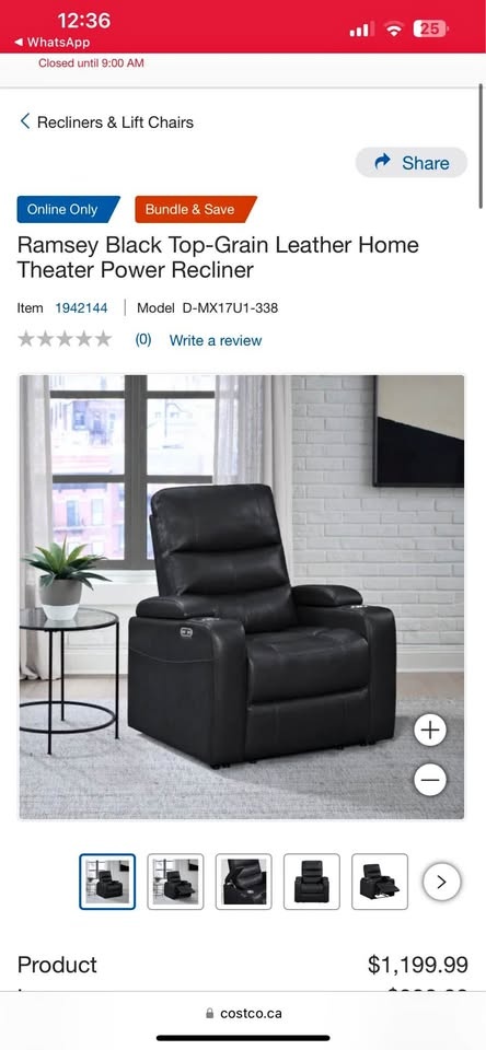 Ramsey Black Top-Grain Leather Home Theater Power Recliner