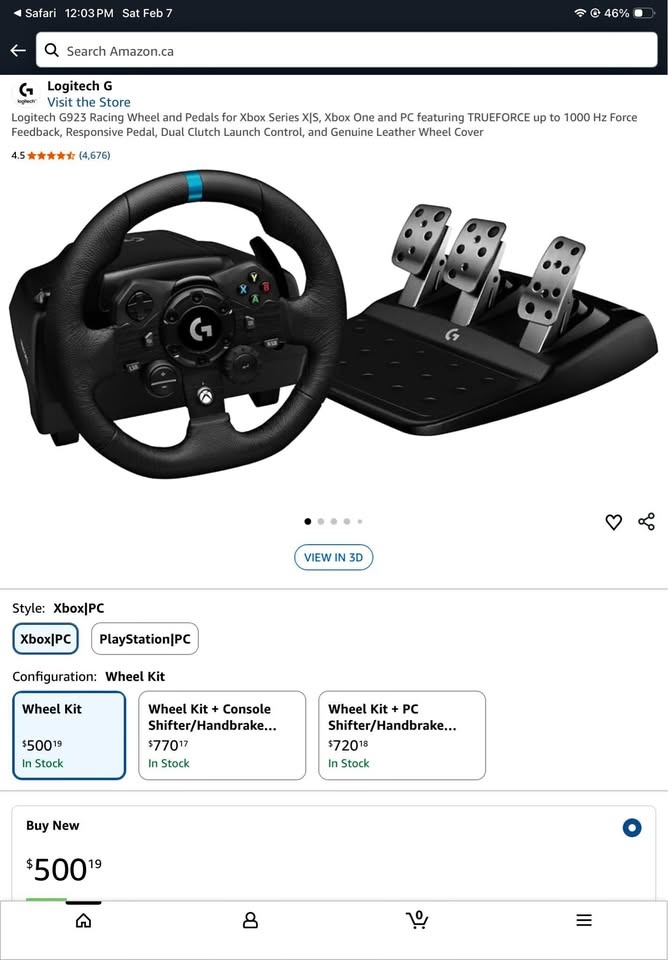Logitech G923 Gaming Wheel for PC/Xbox