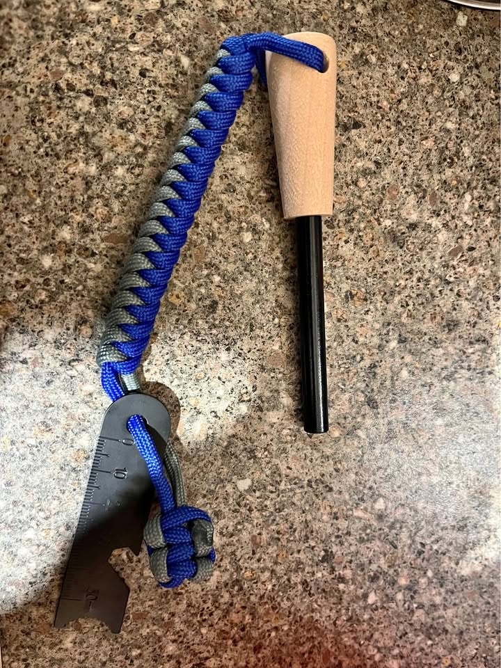 Blue Gray Paracord Fire Starter with Multi-Tool