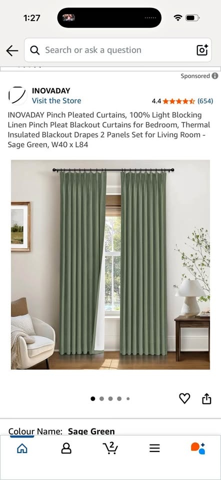 New Pack of 40x84” Pinch Pleated Curtain Panels (2 Panels) Sage