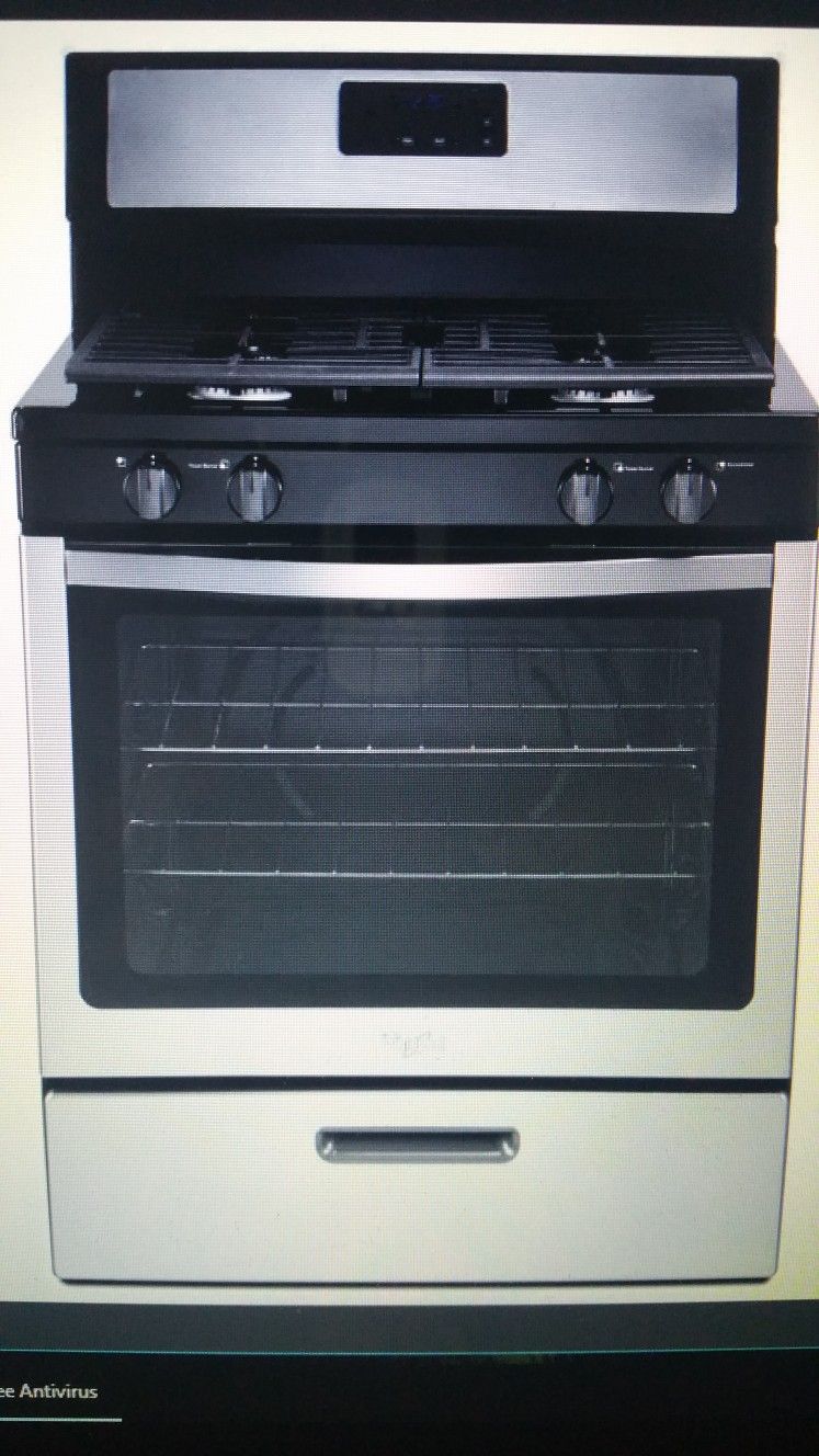NEW GAS STOVE, WHIRLPOOL STAINLESS, BLACK. OVEN RANGE 4 BURNERS