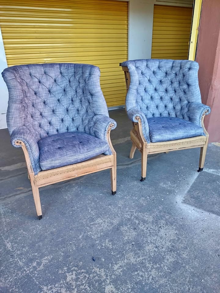 Vintage RH Deconstructed Tufted Wingback Chairs - Blue