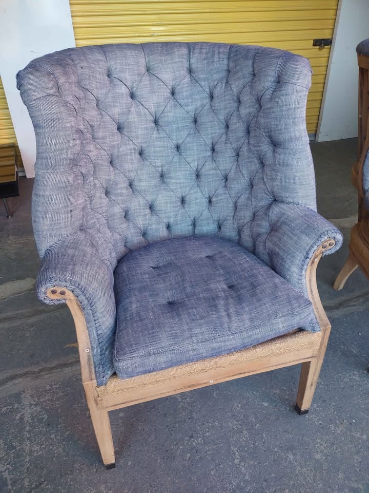 Vintage RH Deconstructed Tufted Wingback Chairs - Blue - photo 2