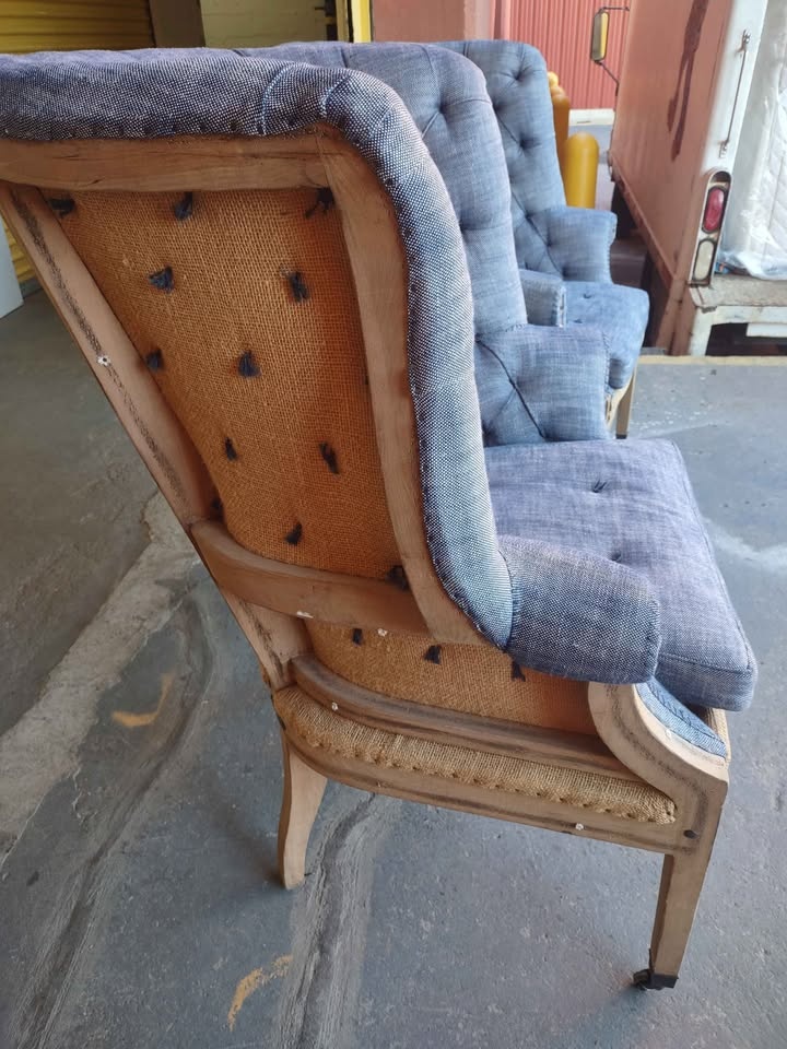 Vintage RH Deconstructed Tufted Wingback Chairs - Blue - photo 3